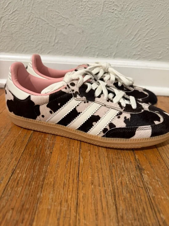 Adidas Originals Pink & Brown Cow Print Samba Women's Sneakers - Picture 2 of 5